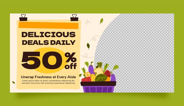 Banner de venta de compras de comestibles dibujado a mano