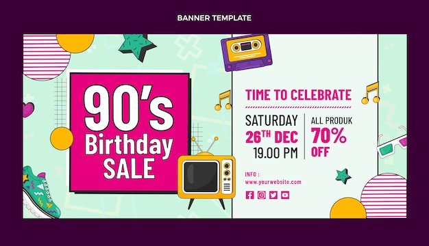 Vector gratuito banner de venta de cumpleaños nostálgico de los 90 dibujados a mano