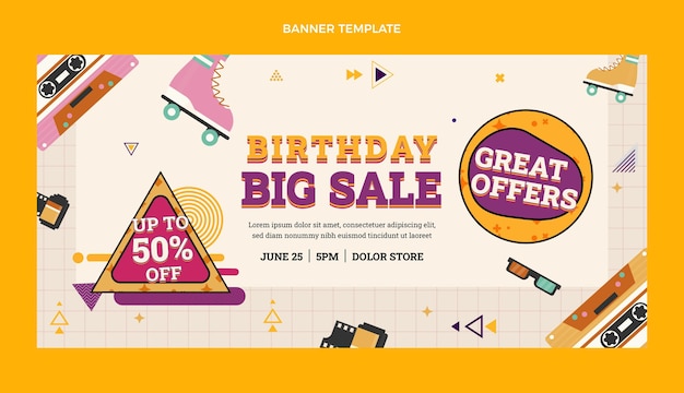 Vector gratuito banner de venta de cumpleaños nostálgico de diseño plano de los años 90