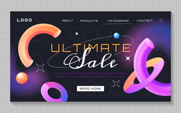 Banner de venta degradado moderno con formas geométricas brillantes de color Plantilla de página de destino de moda con objetos voladores 3d diferentes formas Folleto o póster con elementos de diseño y fondo de efecto desenfocado