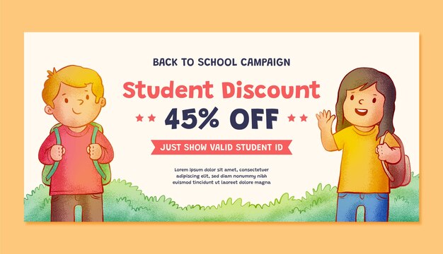 Banner de venta de descuento para estudiantes dibujado a mano