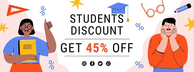 Banner de venta de descuento para estudiantes dibujado a mano