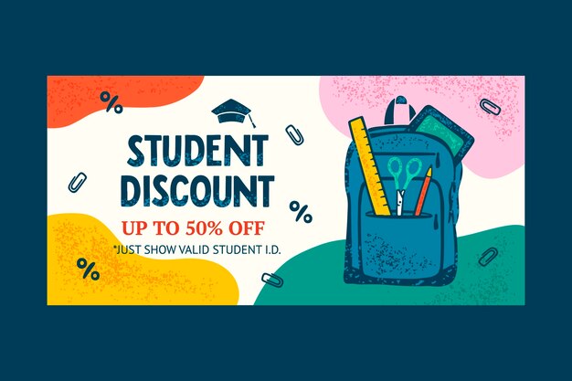 Banner de venta de descuento para estudiantes dibujado a mano