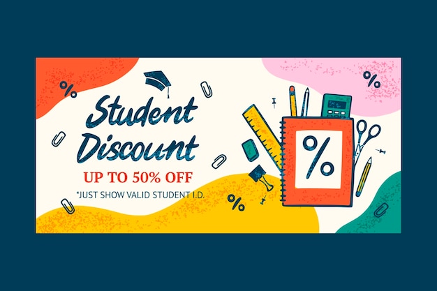 Banner de venta de descuento para estudiantes dibujado a mano