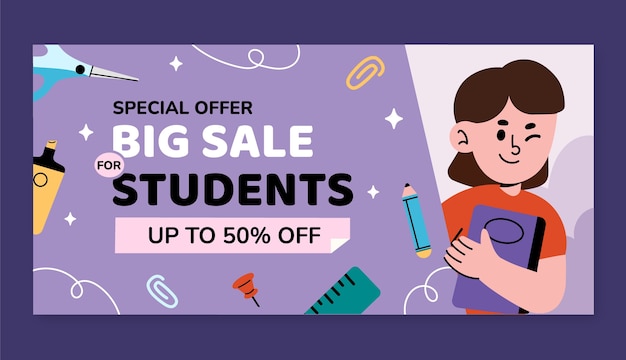 Vector gratuito banner de venta de descuento para estudiantes dibujado a mano