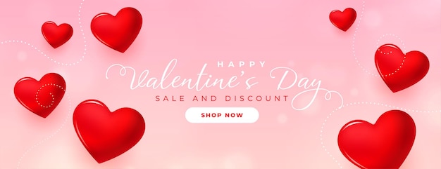 Banner de venta de día de san valentín con corazones rojos