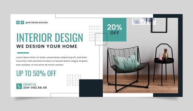 Banner de venta de diseño de interiores mínimo de diseño plano