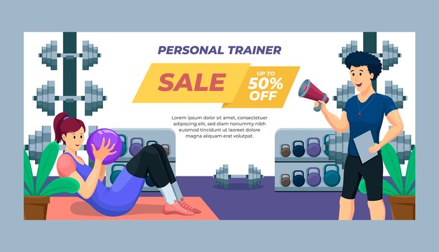 Vector gratuito banner de venta de entrenador personal dibujado a mano