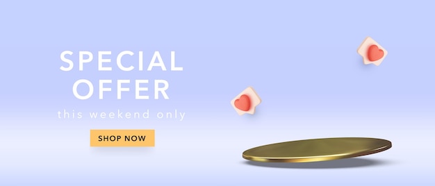 Banner de venta con escenario e iconos sociales en estilo realista aislado sobre fondo blanco Ilustración vectorial