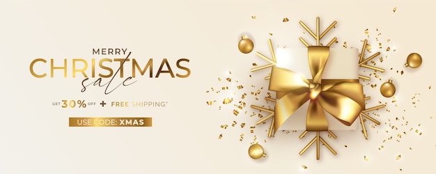 Banner de venta de feliz Navidad con código de cupón y regalo dorado realista