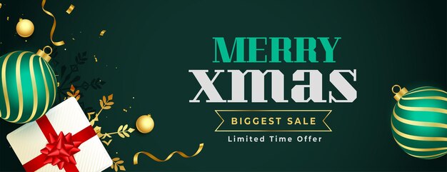 Banner de venta de feliz navidad con decoración de bolas y cajas de regalo realistas