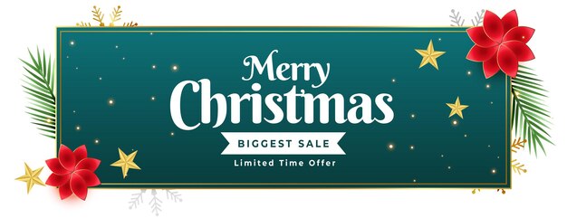 Banner de venta de feliz navidad con decoración de flores