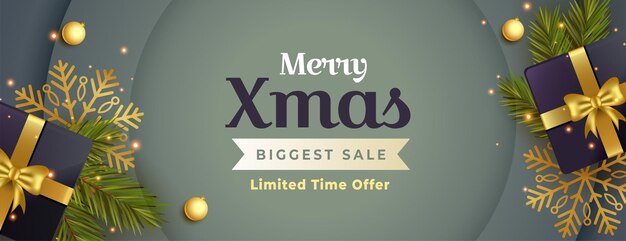 Banner de venta de feliz navidad con elementos navideños en estilo realista