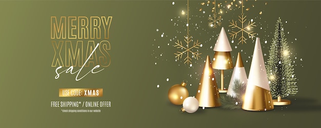 Banner de venta de feliz navidad moderno con composición realista de objetos de navidad 3d