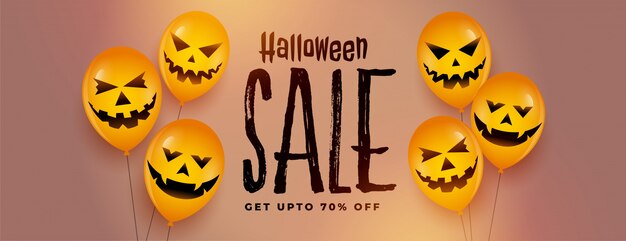 Banner de venta festival feliz halloween con globos de miedo riendo