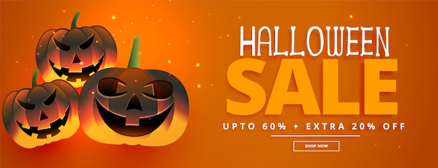 Vector gratuito banner de venta festival feliz halloween con tres calabazas