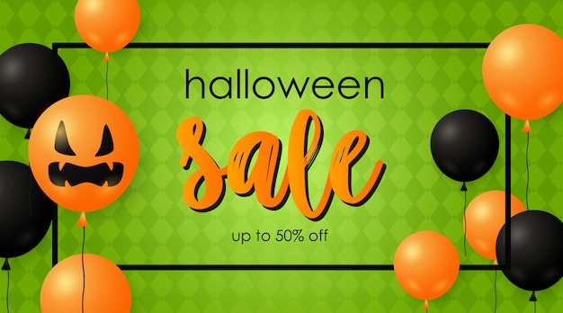 Banner de venta de Halloween y globos de calabaza