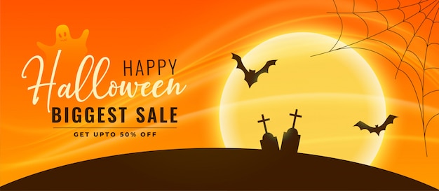 Banner de venta de halloween con murciélagos y cementerio voladores