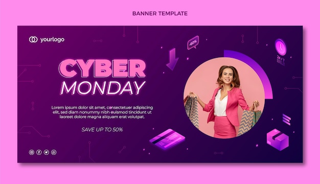 Banner de venta horizontal de cyber monday isométrico