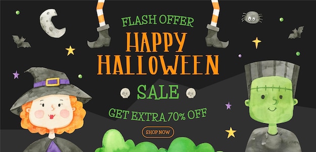 Vector gratuito banner de venta horizontal de halloween en acuarela