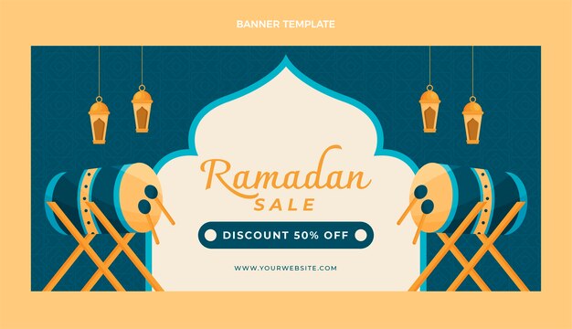 Banner de venta horizontal de ramadán plano
