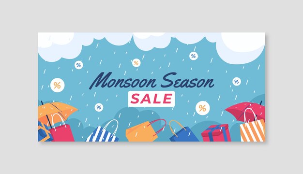 Banner de venta horizontal de temporada de monzón plano con bolsas de compras