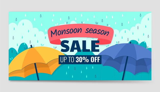 Banner de venta horizontal de temporada monzónica plana con sombrillas