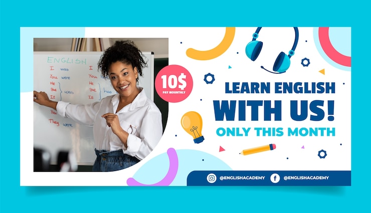Vector gratuito banner de venta de lecciones de inglés de diseño plano