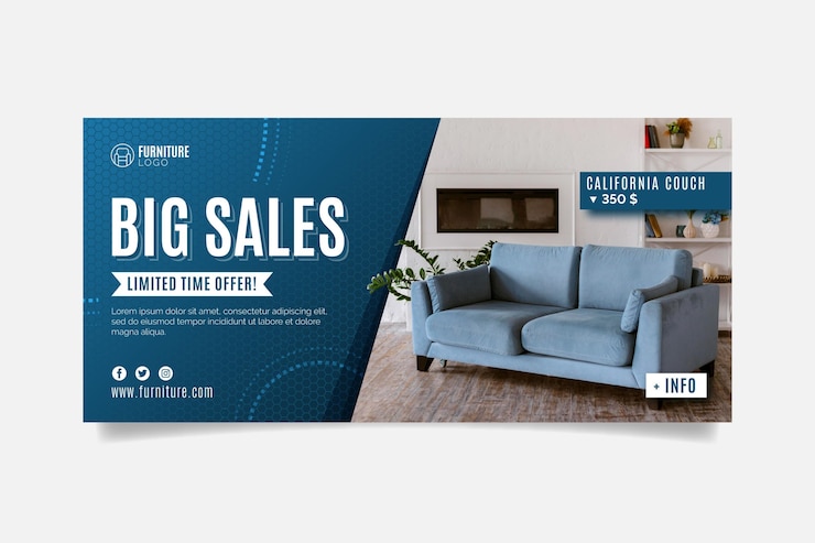 Vector gratuito banner de venta de muebles planos con foto.