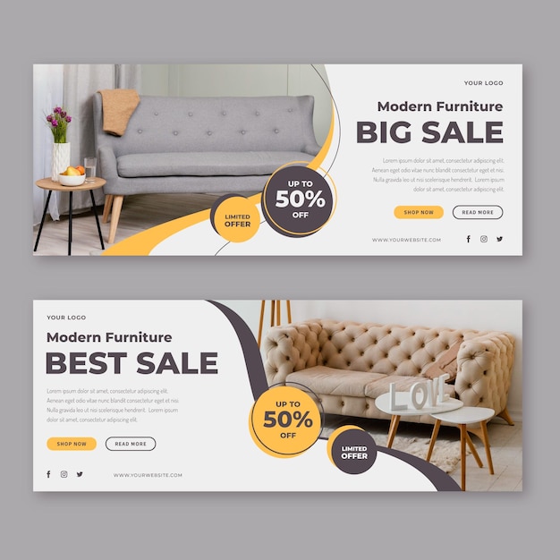 Vector gratuito banner de venta de muebles planos con foto.