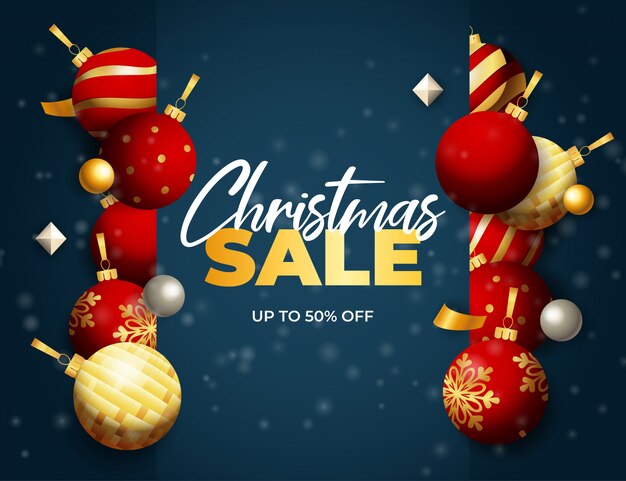 Banner de venta de Navidad con bolas y escamas en suelo azul