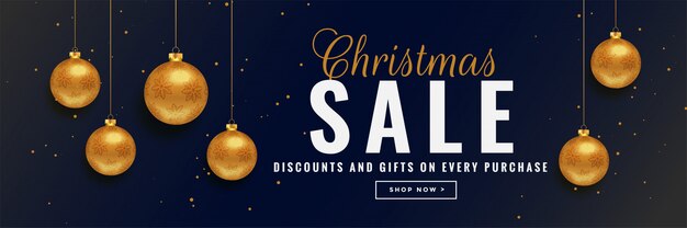 Banner de venta de Navidad con bolas de oro