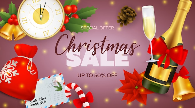 Banner de venta de Navidad con botella de champán y reloj