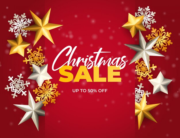Banner de venta de Navidad con estrellas y escamas sobre fondo rojo