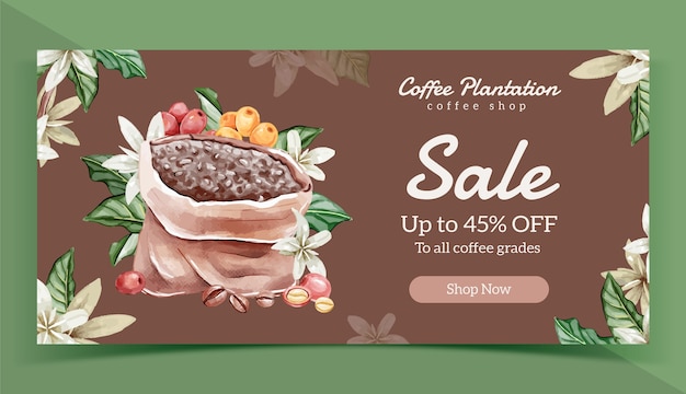 Banner de venta de plantación de café de acuarela