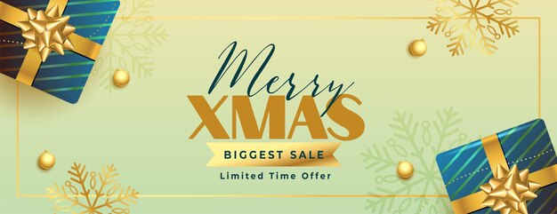 Banner de venta promocional de feliz navidad con decoración navideña en estilo 3d realista
