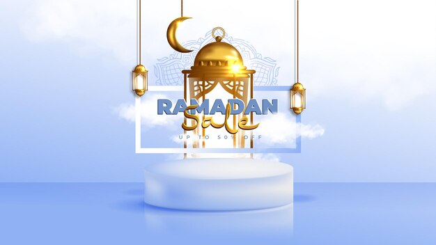 Banner de venta de Ramadán Kareem realista con podio 3D y marco de descuento