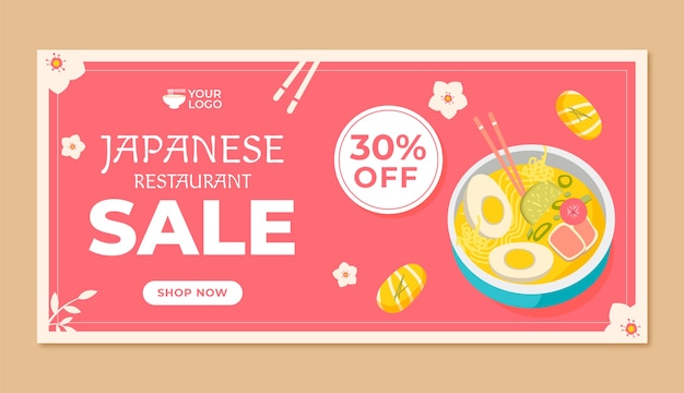 Banner de venta de restaurante japonés de diseño plano