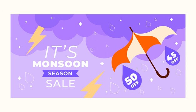 Vector gratuito banner de venta de temporada de monzón dibujado a mano con paraguas