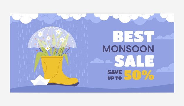 Banner de venta de temporada de monzón de diseño plano