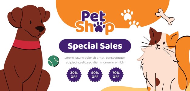 Banner de venta de tienda de mascotas dibujado a mano