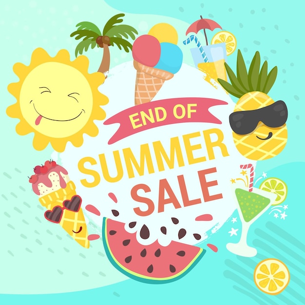 Banner de venta de verano de fin de temporada con frutas y helado