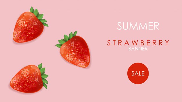 Banner de venta de verano con frutas de fresa y fondo rosa