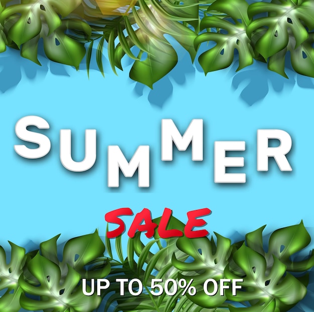 Banner de venta de verano con hojas tropicales.