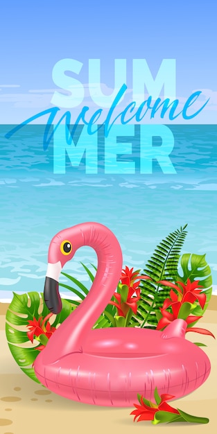Banner de verano de bienvenida con hojas tropicales, flores rojas, flamenco de juguete rosa, playa