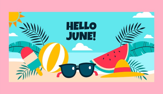 Vector gratuito banner de verano hola junio dibujado a mano