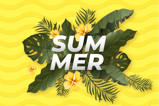 banner de verano realista con fondo de hojas tropicales