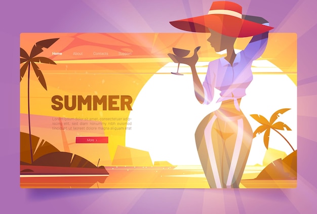 Vector gratuito banner de verano con silueta de mujer con sombrero con cóctel