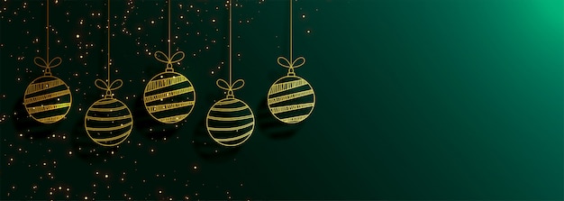 Banner verde feliz navidad con creativas bolas doradas