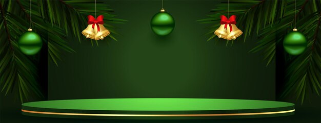 Banner verde de podio 3d con campana de navidad y bola en estilo colgante